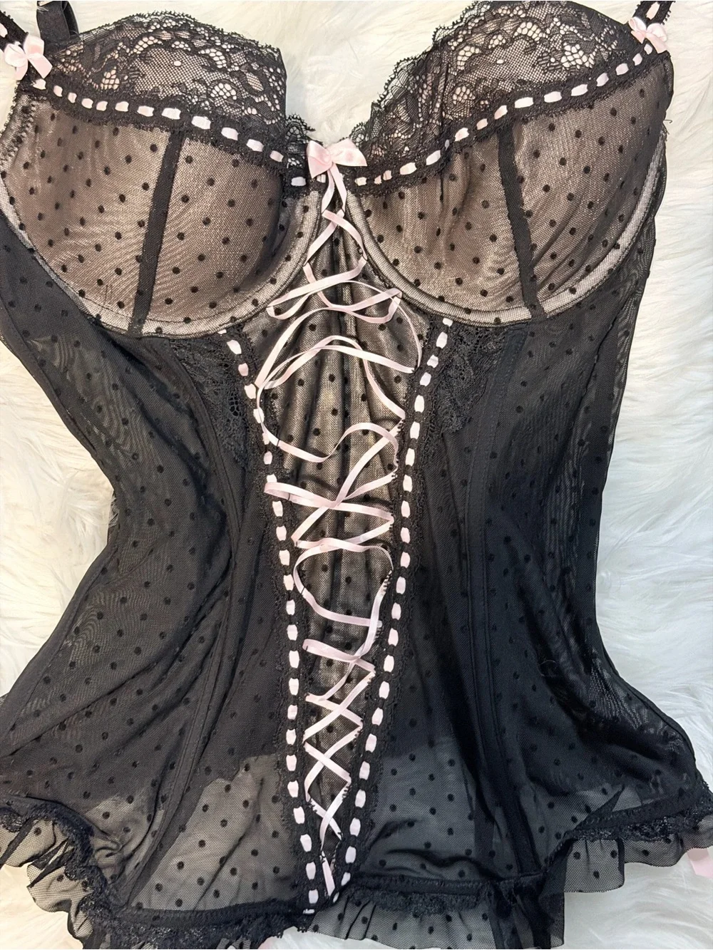 Y2K Coquette Mesh Lace-Up Corset Basque Top Black Pink No Size Tag Fits S